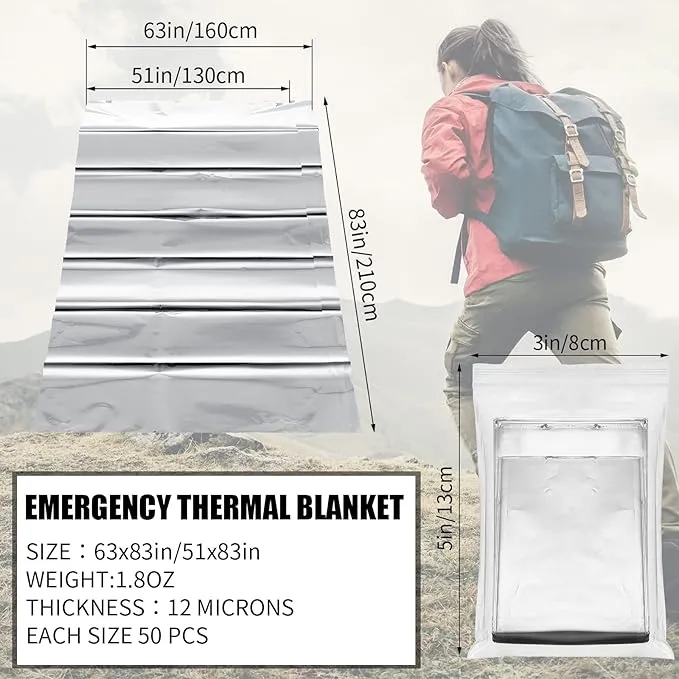 100 Pack Emergency Mylar Thermal Blankets 2 Size Silver Foil Survival Blanket Space Blanket Survival Kit for Outdoors Camping Hiking Survival First Aid Adult Kid