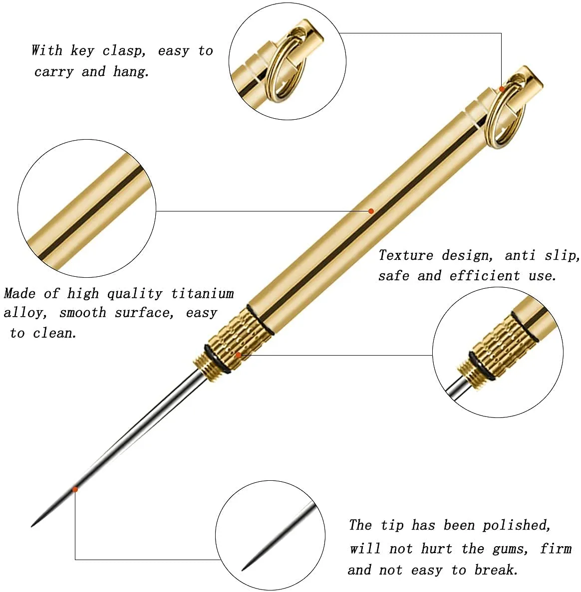 3 PCS Portable Toothpicks, Titanium Toothpicks Toothpick with Key Ring Fruit Stick Metal Toothpick for Outdoor Picnic and Home（Brass)