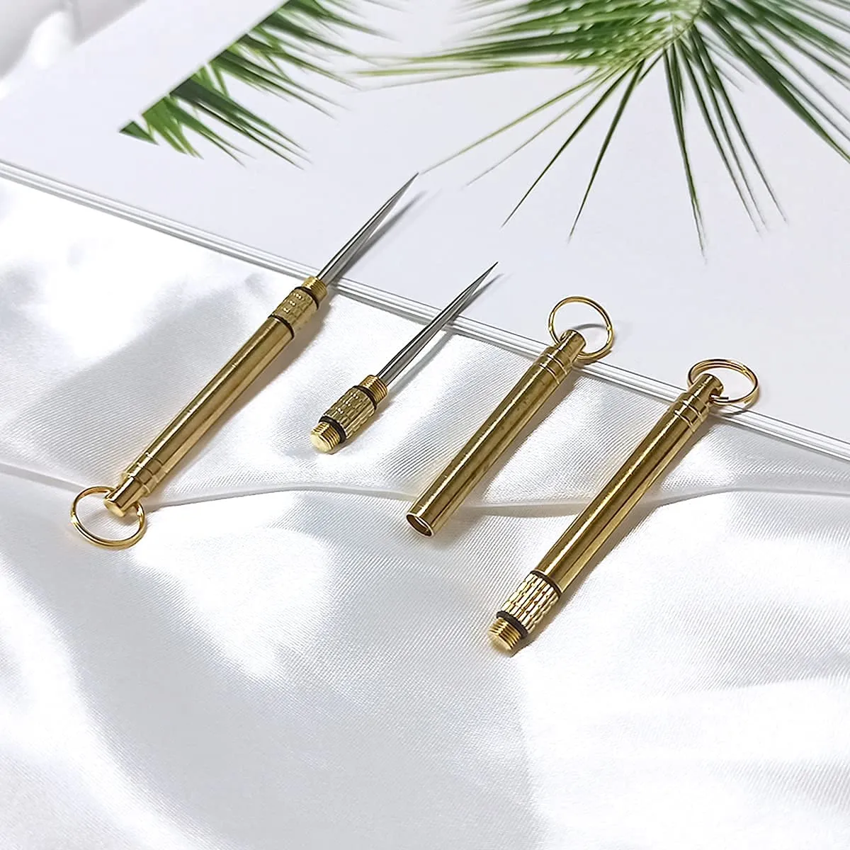 3 PCS Portable Toothpicks, Titanium Toothpicks Toothpick with Key Ring Fruit Stick Metal Toothpick for Outdoor Picnic and Home（Brass)