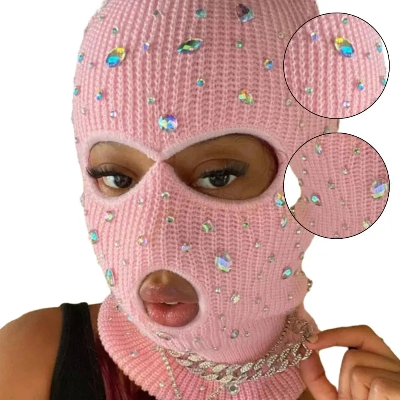 Bling Bling Jeweled Balaclava  Rhinestone Face Cover & Hooded Neck Warmer