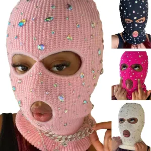 Bling Bling Jeweled Balaclava  Rhinestone Face Cover & Hooded Neck Warmer