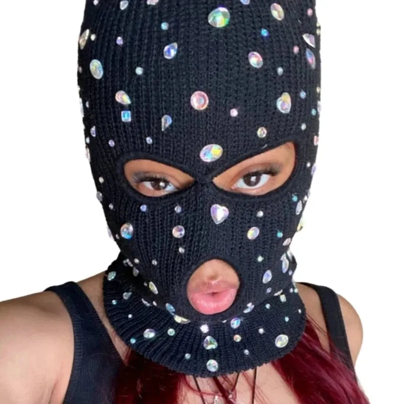 Bling Bling Jeweled Balaclava  Rhinestone Face Cover & Hooded Neck Warmer